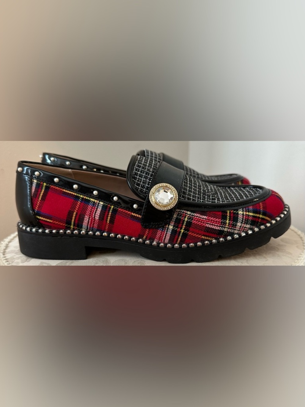 Plaid & Tweed Loafers with Stud Trim - Red Black - Picture 4 of 4
